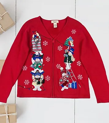 Buy VTG Size L Red Christmas Sweater Tacky Ugly Party Full Zip Snowmen Embroidered • 23.67£