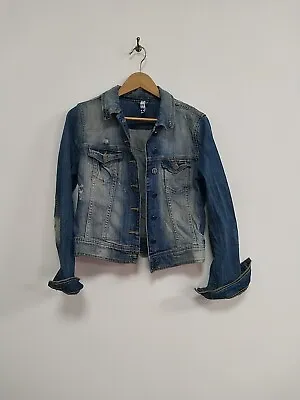 Buy H By Henry Holland Women's Denim Jacket Size 12 Distressed Fitted Blue Wash • 6.99£