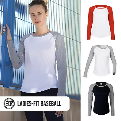 Buy Womens Long Sleeve Baseball Top T-Shirt Plain Blank SF Skinnifit Ladies Jersey • 9.99£