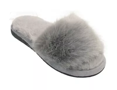 Buy Ladies Fur Slippers Womens Fluffy Slide Sliders Winter Warm Furry Flip Flop Size • 5.95£