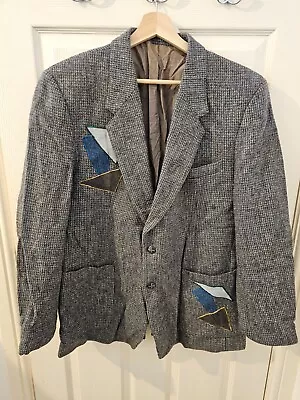 Buy Harris Tweed Mens Wool Jacket Size UK 42 EU 52 Reworked Denim Cuffs & Patches R4 • 24.99£