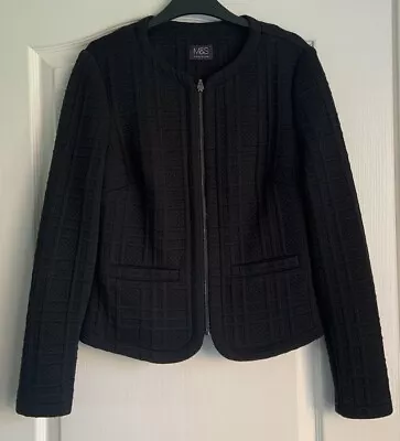 Buy M&S Marks & Spencer Black Zip Front Textured Quilted Collarless Jacket Size 8 • 4.99£