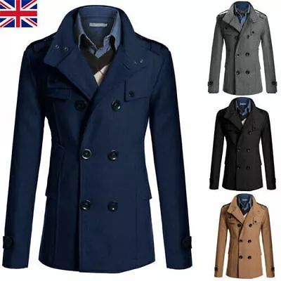 Buy Men Winter Trench Coat Double Breasted Warm Tops Jacket Formal Overcoat Outwear • 29.75£