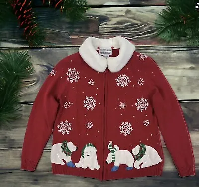 Buy VTG Tiara International Christmas Sweater M Red Knit Polar Bears Snowflakes Zip • 28.34£