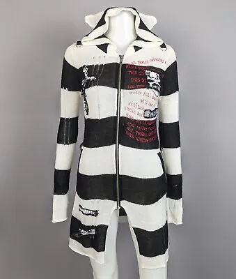 Buy Punk Rave Black White Stripe Zip Front Hoodie Shredded Knit Sweater Grunge Sz M • 37.88£