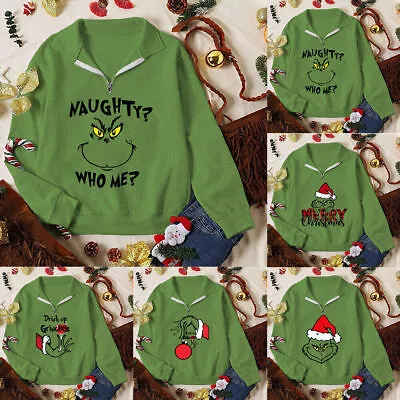 Buy Christmas Santa Grinch's Zip Sweatshirt Womens Long Sleeve Jumper Pullover Tops • 20.89£
