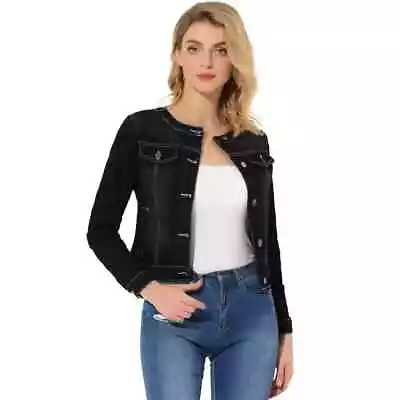 Buy Allegra K Women's Denim Jacket Button Down Collarless Long Sleeve, Black, S 6/8 • 24.99£