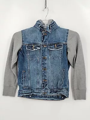 Buy Aeropostale Boys 8/10 Blue And Gray Denim Button-Up Hooded Jacket With Pockets • 20.67£