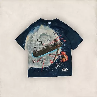 Buy Vintage 1997 Star Wars T-Shirt Liquid Blue Sz L  Death Star & Millennium Falcon  • 149.99£