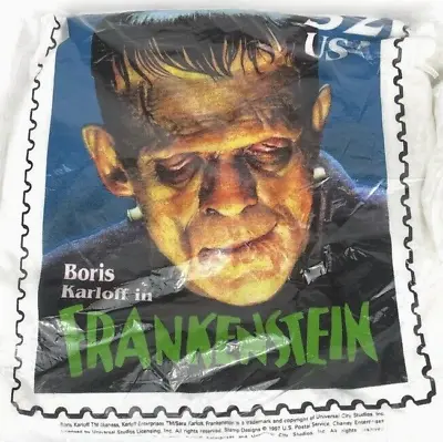 Buy Vtg 90s Monster T-Shirt Postage Stamp Frankenstein Boris Karloff Halloween Kid L • 28.15£