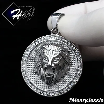 Buy MEN Stainless Steel Silver ICY Bling CZ 3D LION KING FACE Round Pendant*P109 • 15.11£