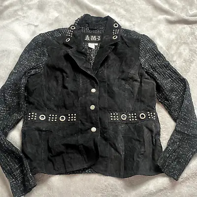 Buy AMI Leather Jacket Womens Black Large Suede Biker Sweater Boho Sparkle Coat • 32.10£