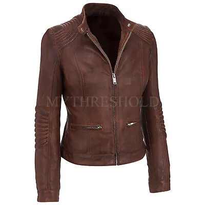 Buy Womens Latest Cafe Racer Moto Biker Distressed Brown Vintage Real Leather Jacket • 79.99£
