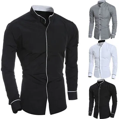 Buy Mens Button Down Slim Fit Shirts Long Sleeve Mock Neck Formal Smart Dress Shirt • 14.94£
