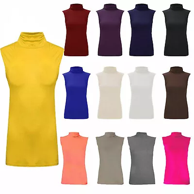 Buy Womans Sleeveless Turtle Neck Ladies Polo Plain T Shirt Vest Top Jumper 8-26 Uk • 5.99£