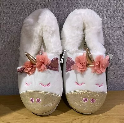 Buy Girls TU Size 3 - 4 Slippers Unicorn Fluffy Cream With Sparkles & Gold Horn Kids • 8.99£