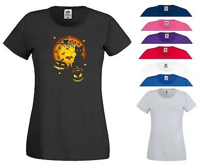 Buy Halloween T Shirt Scary Horror Night Pumpkin Cat Trick Or Treat Gift Women Top • 11.03£