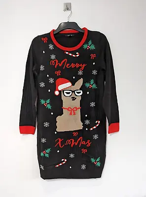 Buy Esmara Christmas Jumper Longline X Mas Cat Novelty Long Sweater Dress Black • 13.49£