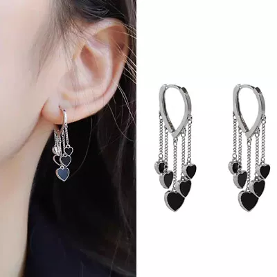 Buy Black Heart Love Shape Tassel Stud Earrings Hoop Drop Dangle Women Jewelry Party • 3.95£