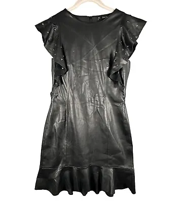 Buy ZARA Soft Faux Leather Mini Dress Metal Studs Flutter Sleeves Ruffle Hem Size M • 35.53£