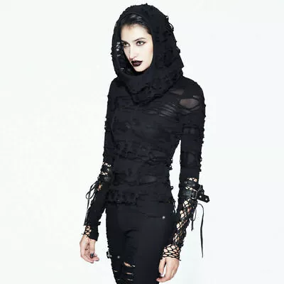 Buy Steam Punk Women's Ripped Gothic Long Sleeve Holes T-shirts Double Layers Tops • 54.41£