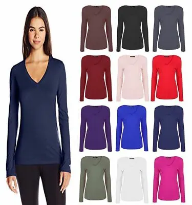 Buy Ladies Womans Basic Long Sleeve Plain V Neck Stretch Top T Shirt Plus Size 8-26 • 5.51£