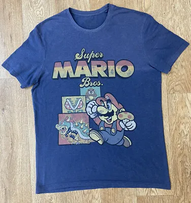 Buy Retro Super Mario Nintendo T-shirt Size Medium Navy Blue Front Print Crew Neck • 12.25£