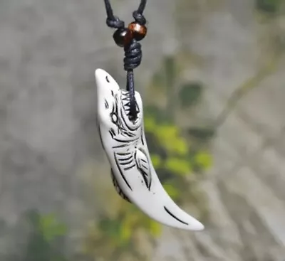 Buy Men's Unique Resin Shark Tooth Pendant Wax Rope Necklace Jewellery Free Gift Bag • 5.88£