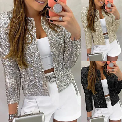Buy Womens Glitter Shrug Jacket Ladies Beaded Cardigan Bolero Long Sleeve Short Coat • 13.59£
