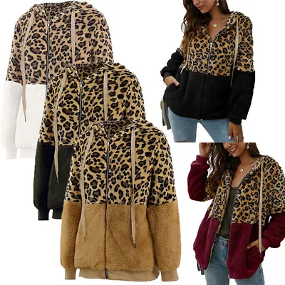 Buy Women Bear Hooded Jackets Autumn Leopard Print Fleece Zipper Coat Winter Outwear • 20.71£
