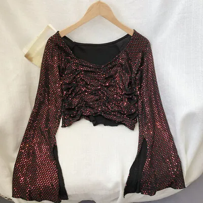 Buy Womens Glitter Shirt Sequin Off Shoulder Long Flare Sleeves Pleated Short Tops • 25.32£