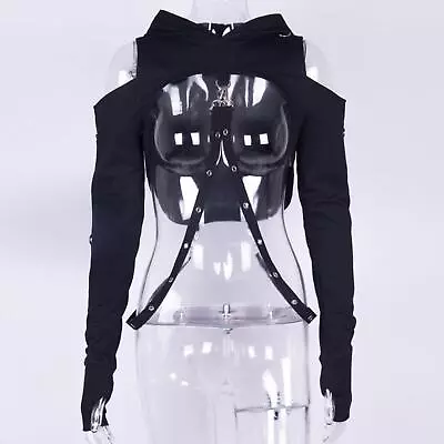 Buy Gothic Crop Top Hooded Detachable Chain Black Street Women Sweatshirt Holiday • 22.12£