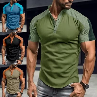 Buy Men T Shirts Stand-up Collar Summer Tops Mens Short Sleeve Holiday Slim Fit • 14.99£
