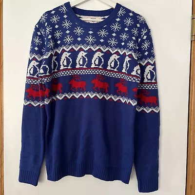 Buy V28 Merry Christmas Sweater Women’s Blue Pullover Size Medium Reindeer Penguin • 13.50£