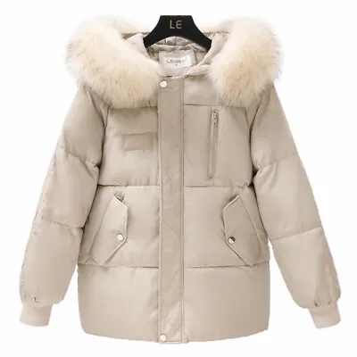 Buy Lady Puffer Coat Jacket Hooded Winter Faux Fur Collar Quilted Padded Warm Jacket • 40.79£