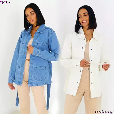 Buy Womens DENIM Shacket Casual Jacket Tie Belt Top Shirt Coat Tunic Oversized Jean • 24.99£
