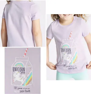 Buy NEW Girls T-Shirt Lilac Purple Unicorn Juice Ex M&S Age1 To 5 Years Ex M&S • 3.99£