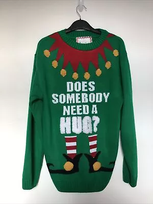 Buy Mens Elf Christmas Jumper Size Small Green Does Somebody Need A Hug Knitted • 15.99£
