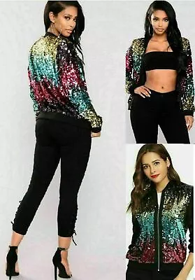 Buy Ladies Sequin Glitter Bomber Jacket Multicolored Glitter Club Dance Party Biker • 22.99£
