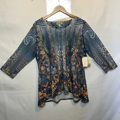 Buy ONE WORLD -Sz 2X -Funky Art-to-Wear Gypsy Boho Knit Tunic Top Studded Blue Gold • 31.29£