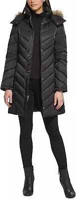 Buy Kenneth Cole Women's Mid-Length Chevron Quilted Puffer Jacket Hooded Coat... • 94.49£