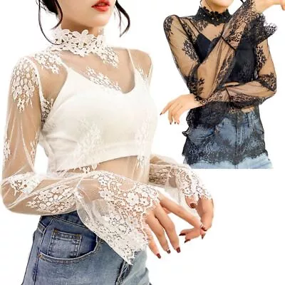 Buy Women Mock Neck Long Sleeve Sheer Mesh T-Shirt Floral Eyelash Lace Pullover Tops • 8.64£