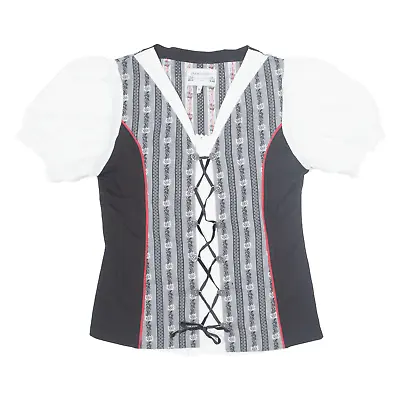 Buy FARMER SHIRT Milkmaid Corset Top Black V-Neck Striped Short Sleeve Womens M • 11.99£