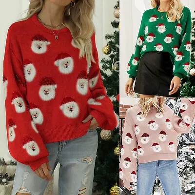 Buy Women Knitted Jumper Print Santa Claus Xmas Sweater Simple Leisure Sweater Shirt • 17.70£