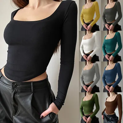 Buy Womens Long Sleeve Low Cut Sexy Crop Tops T Shirts Casual Basic Tee Blouses SIZE • 6£