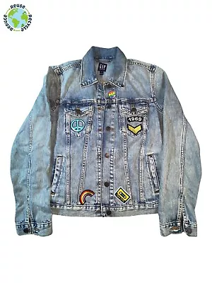 Buy Gap Women's Medium Blue Jean 1969 Peace Patch Denim Jacket VGC • 14.77£