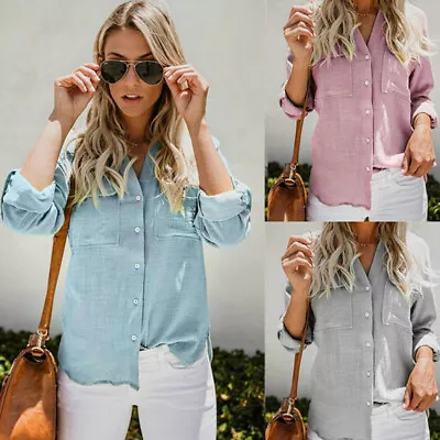 Buy Long Womens Sleeve Tops Lady Button Down Casual Blouse Tops Shirt Tshirt • 11.50£