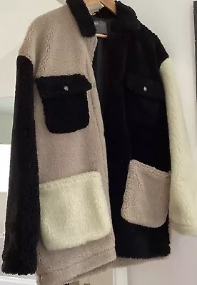 Buy Teddy Jacket Colour Block Black Ivory Taupe Oversized S Pockets & Lined Unisex • 15.99£