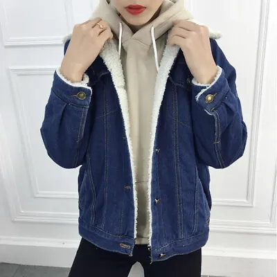 Buy Autumn Winter Women Thick Denim Jacket Loose Fleece Coat Casual Warm Outerwear • 19.99£
