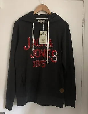 Buy Jack And Jones Mens Dark Grey Hoodie Size S Grey Hoodie With Red Motif 1975 BNWT • 12£